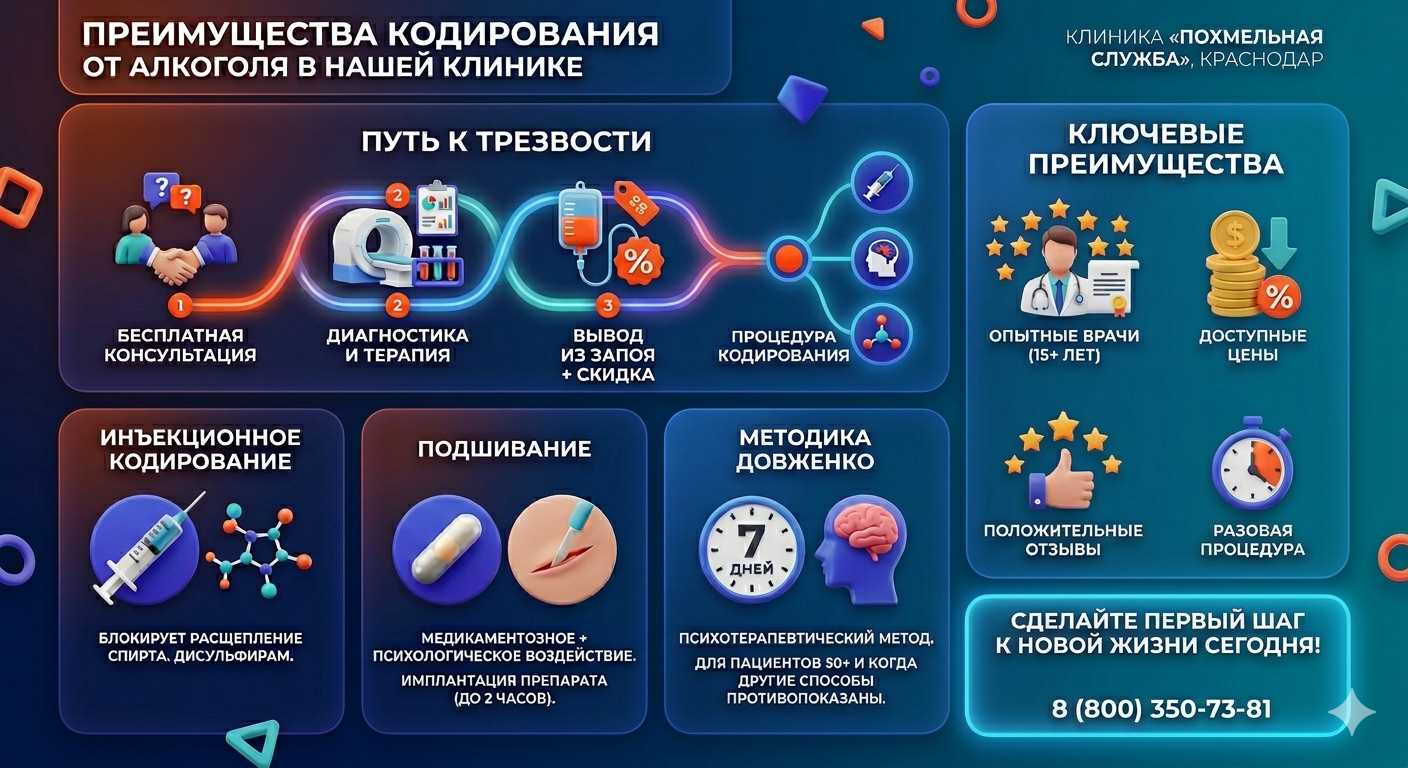 Инфографика о методах кодирования от алкоголя в Каменке: инъекции, подшивание, метод Довженко. Преимущества клиники и этапы лечения.