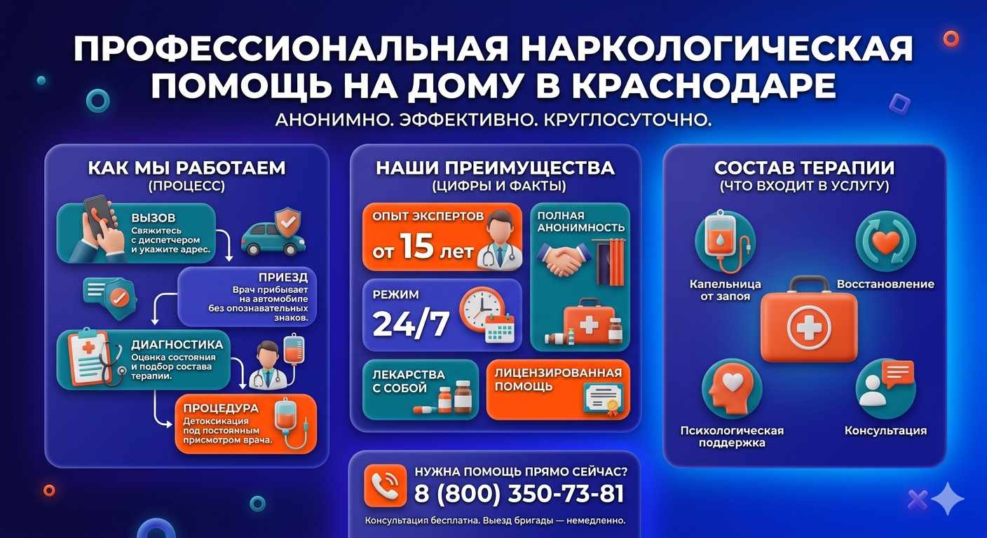 Инфографика о принципах лечения алкоголизма на дому в Каменке: этапы вызова нарколога, преимущества анонимной детоксикации и состав медицинской помощи.